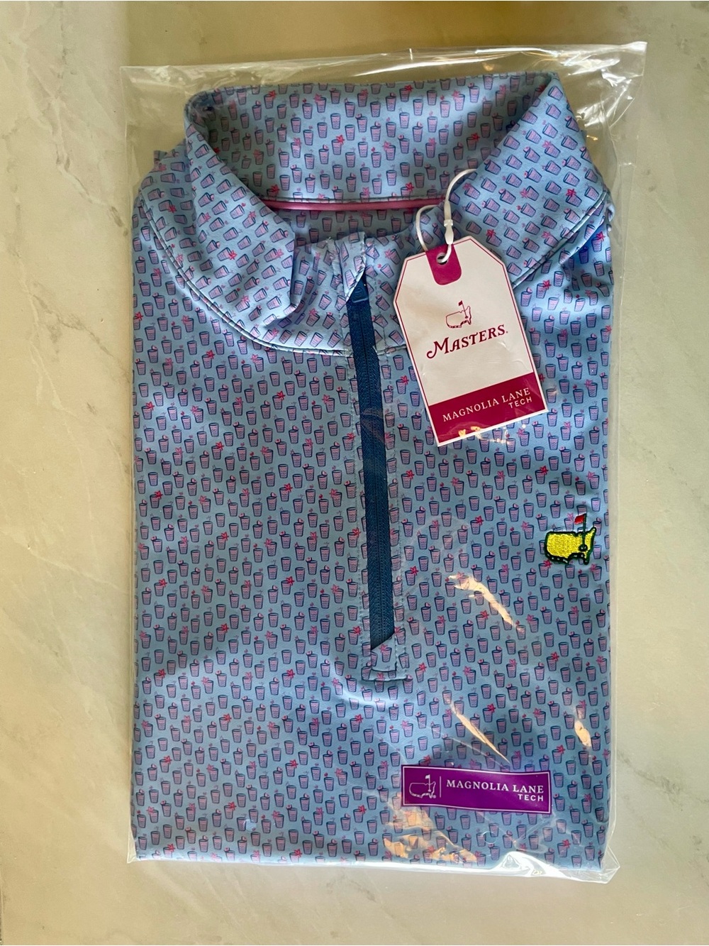 Masters Magnolia Lane Tech 1/4 Zip Pullover - Light Blue with Pink Azalea Print